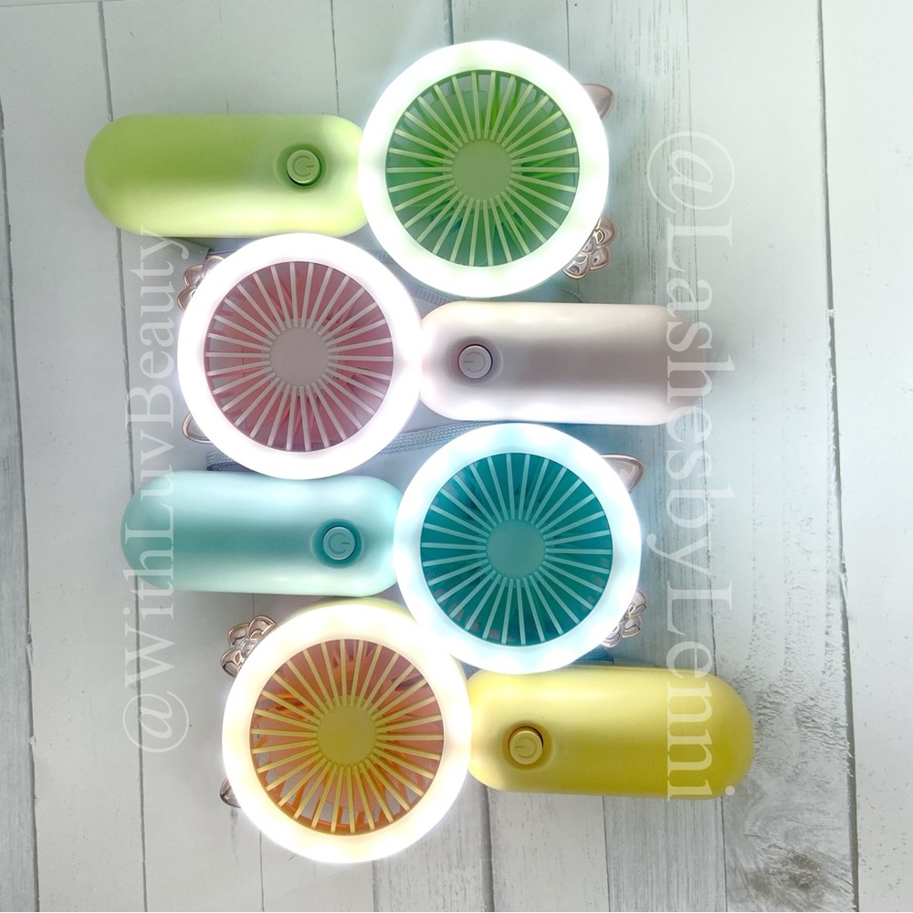 Mini portable fan with light blue pink green yellow